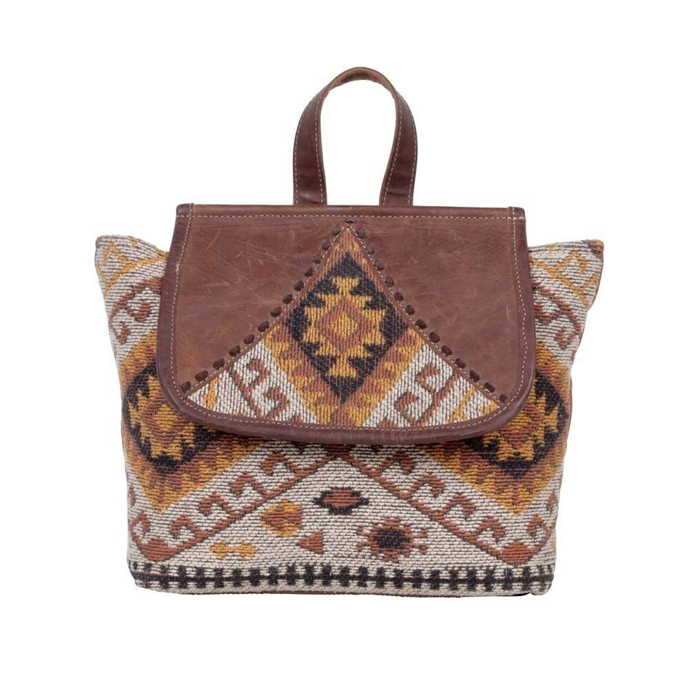 Myra Bag Handmade Terreous  Backpack Upcycled Canvas & Cowhide Leather
